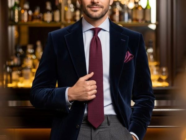 Man wearing textured cocktail attire featuring velvet blazer with wool trousers and silk tie demonstrating proper texture mixing techniques