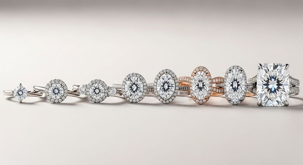 Comparison of moissanite stone sizes and setting styles displaying durable gemstones options for budget-conscious engagement ring shoppers