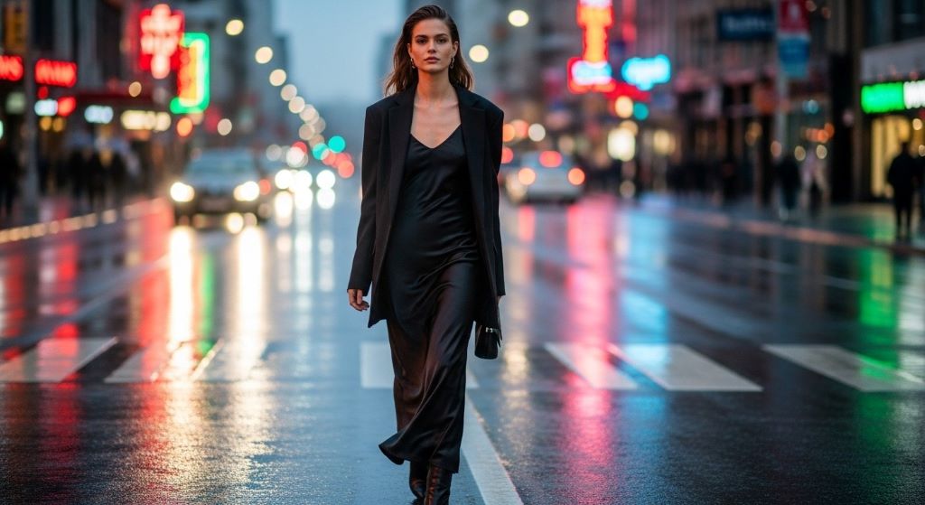 Black satin maxi dress styled with leather ankle boots and oversized blazer showing elegant street fashion look