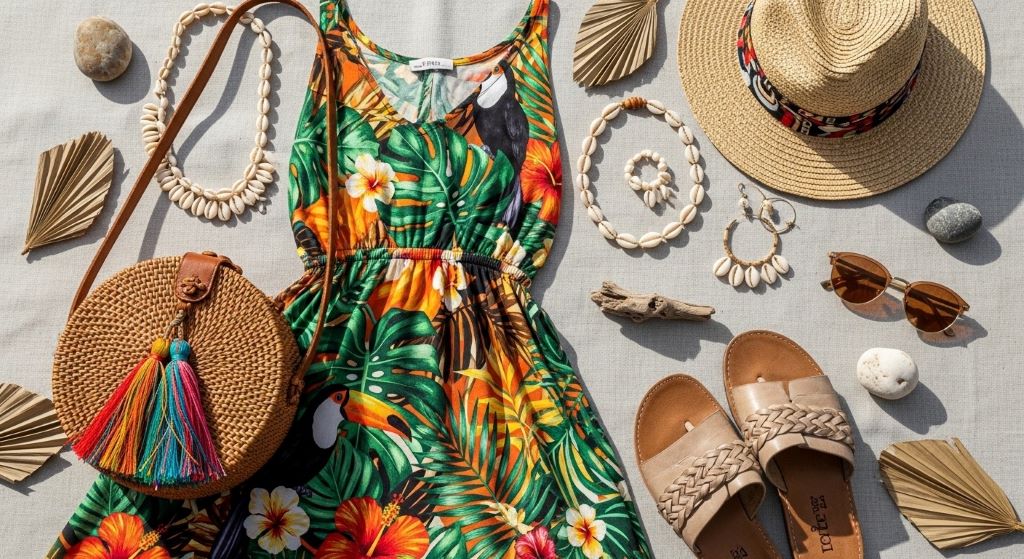 Flat lay of Brazilian boho outfit featuring tropical print fabric, woven bag, shell jewelry, and leather sandals