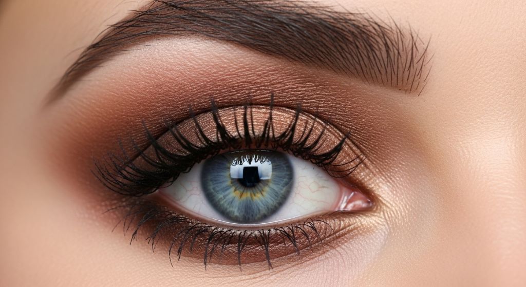 Close-up of blue eyes with bronzed eyeshadow and blended crease creating a dimensional makeup look