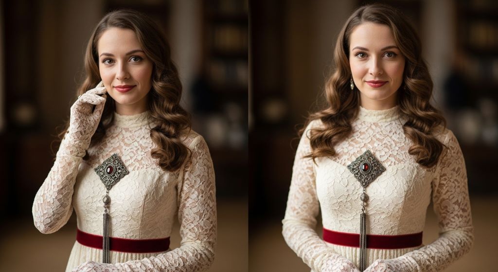 A woman wearing a romantic vintage outfit with antique brooch, lace gloves, and T-strap heels