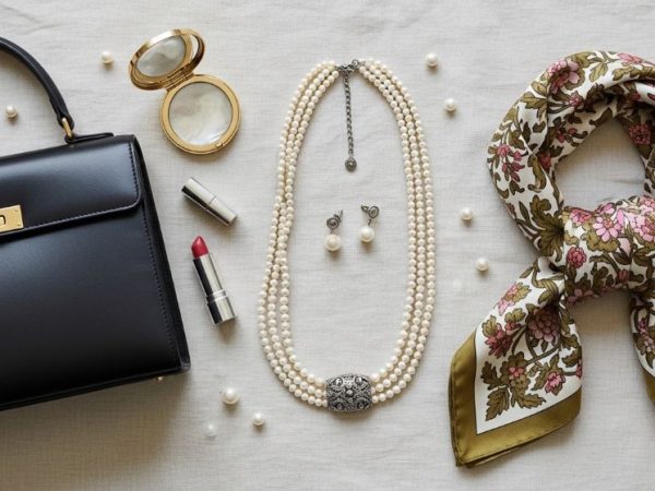 A vintage-inspired flat lay of pearl jewelry, a silk scarf, and a structured 1950s handbag on soft linen fabric