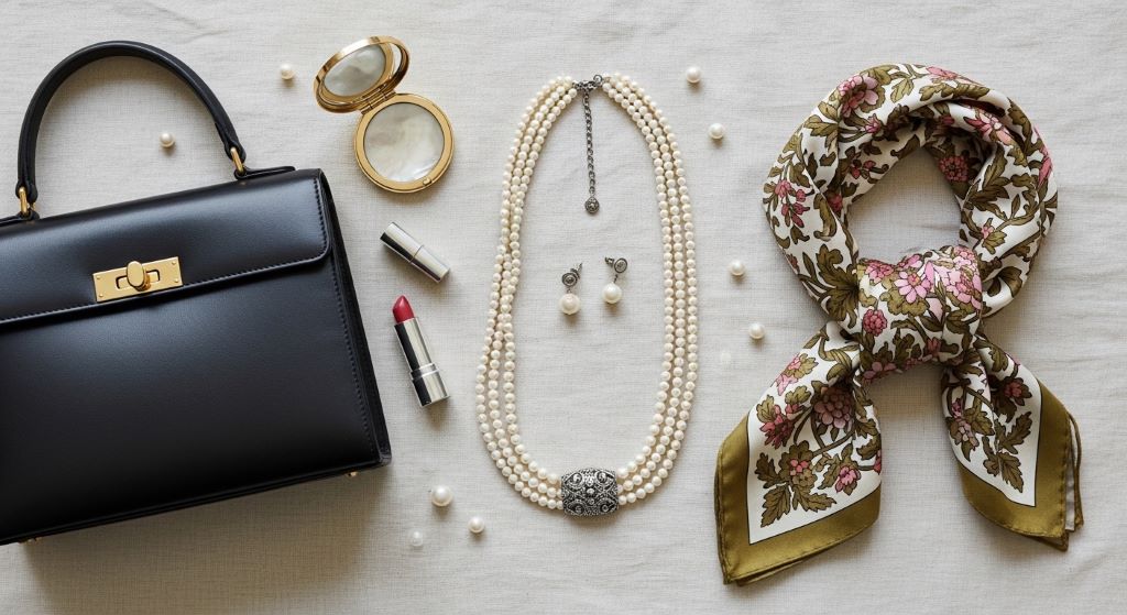 A vintage-inspired flat lay of pearl jewelry, a silk scarf, and a structured 1950s handbag on soft linen fabric