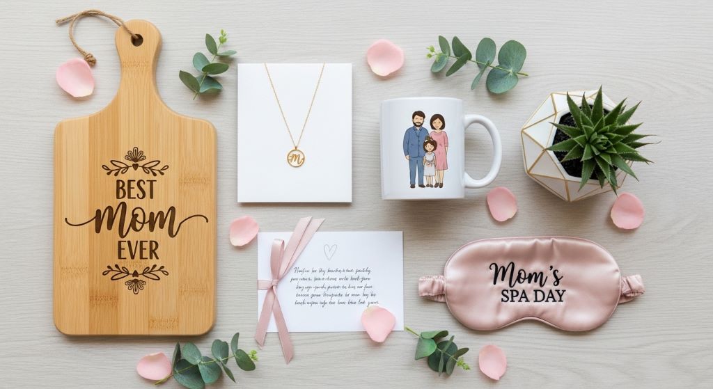 modern personalized gifts arranged beautifully for mothers