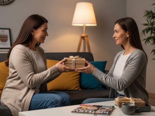 daughter giving thoughtful gift to her mother at home