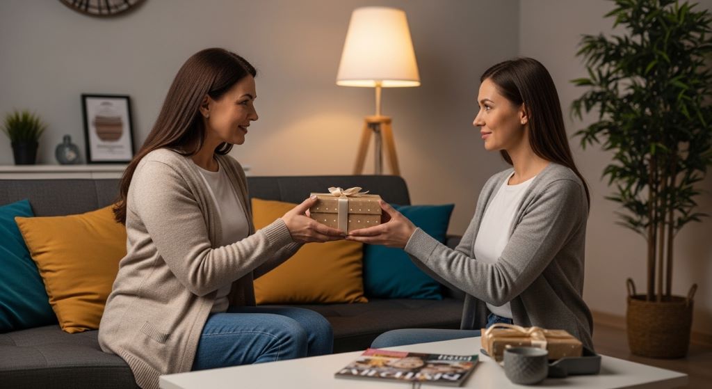 daughter giving thoughtful gift to her mother at home