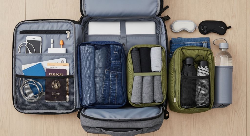 Flat lay of an open carry-on backpack showing organized compartments, laptop sleeve, and packing cubes for a week-long trip