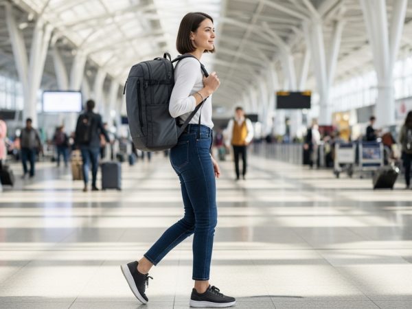 A smart traveler wearing a lightweight carry-on backpack walking confidently through a modern international airport terminal