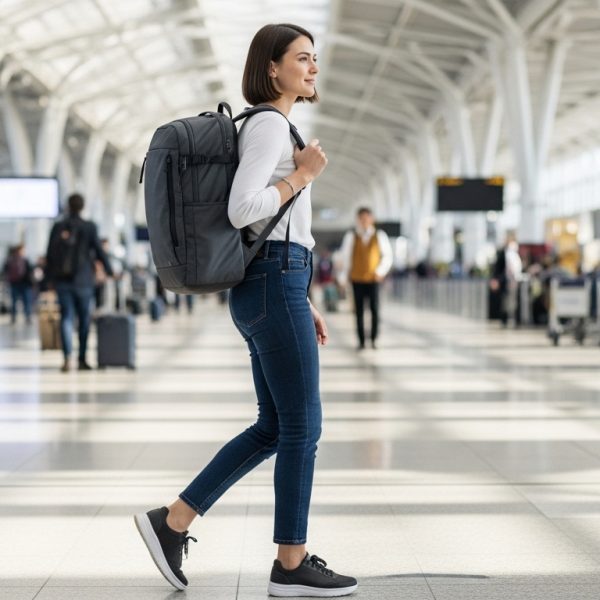 A smart traveler wearing a lightweight carry-on backpack walking confidently through a modern international airport terminal