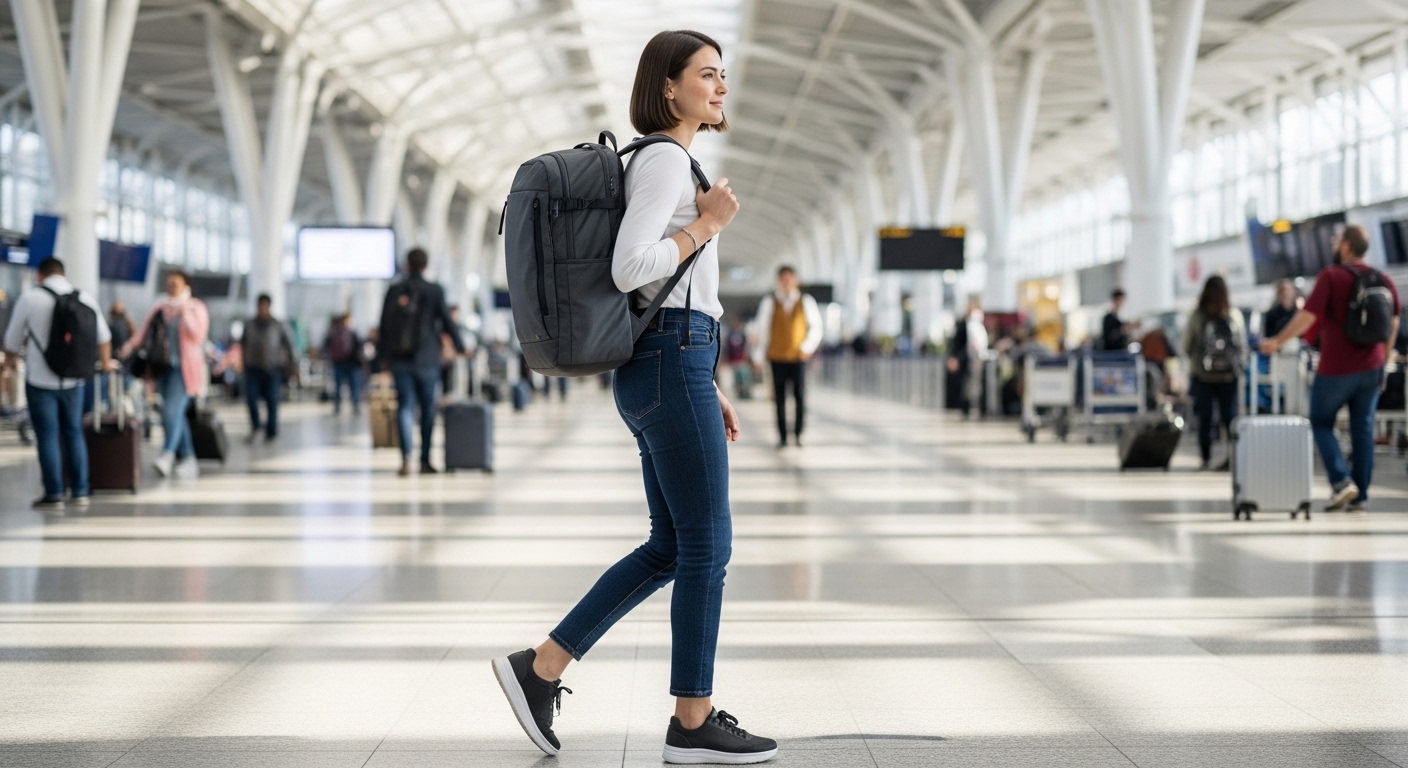 A smart traveler wearing a lightweight carry-on backpack walking confidently through a modern international airport terminal