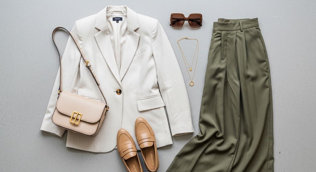 A flat-lay outfit showing balanced clothing pieces including a structured top, wide-leg trousers, and neutral accessories