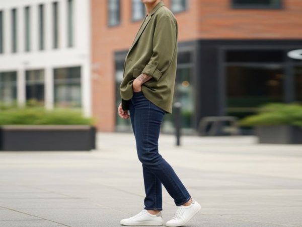 A person wearing a well-fitted relaxed blazer paired with slim straight-leg jeans and clean white sneakers