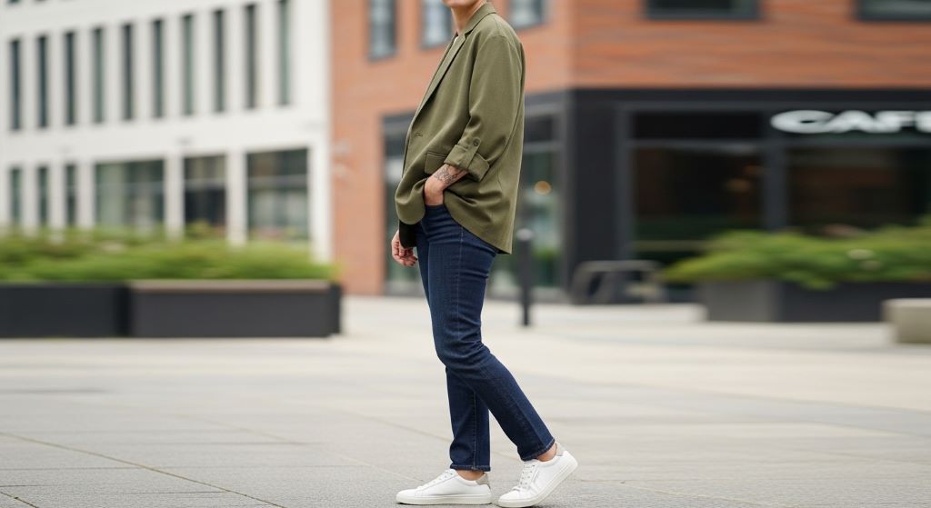 A person wearing a well-fitted relaxed blazer paired with slim straight-leg jeans and clean white sneakers