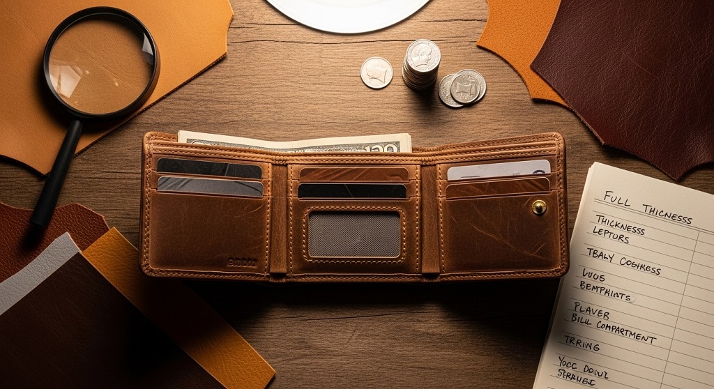 comparison of trifold wallet leather thickness and edge finishing details