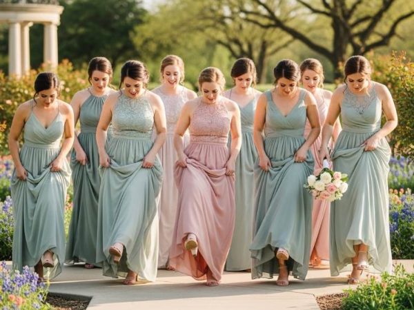 Bridesmaids walking safely in maxi dresses at a Dallas wedding