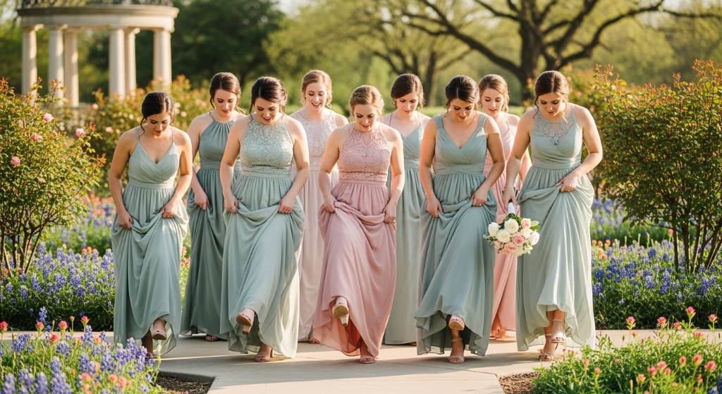 Bridesmaids walking safely in maxi dresses at a Dallas wedding