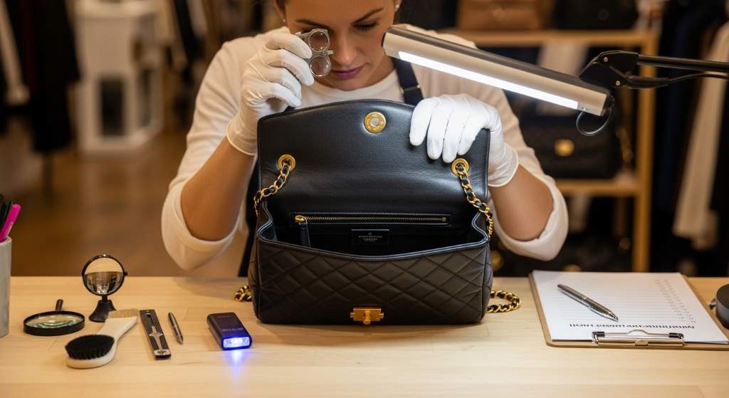 Chicago resale store employee checking Louis Vuitton purse details