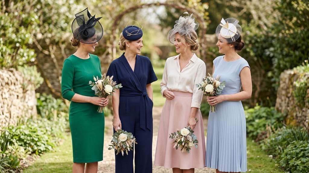 Elegant bridesmaids wearing modern fascinators at a luxury Chicago rooftop wedding venue during sunset