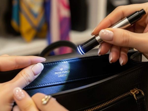 Luxury consignment expert inspecting designer purse interior stamp in Chicago