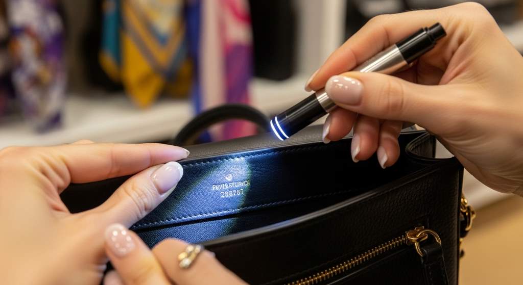 Luxury consignment expert inspecting designer purse interior stamp in Chicago