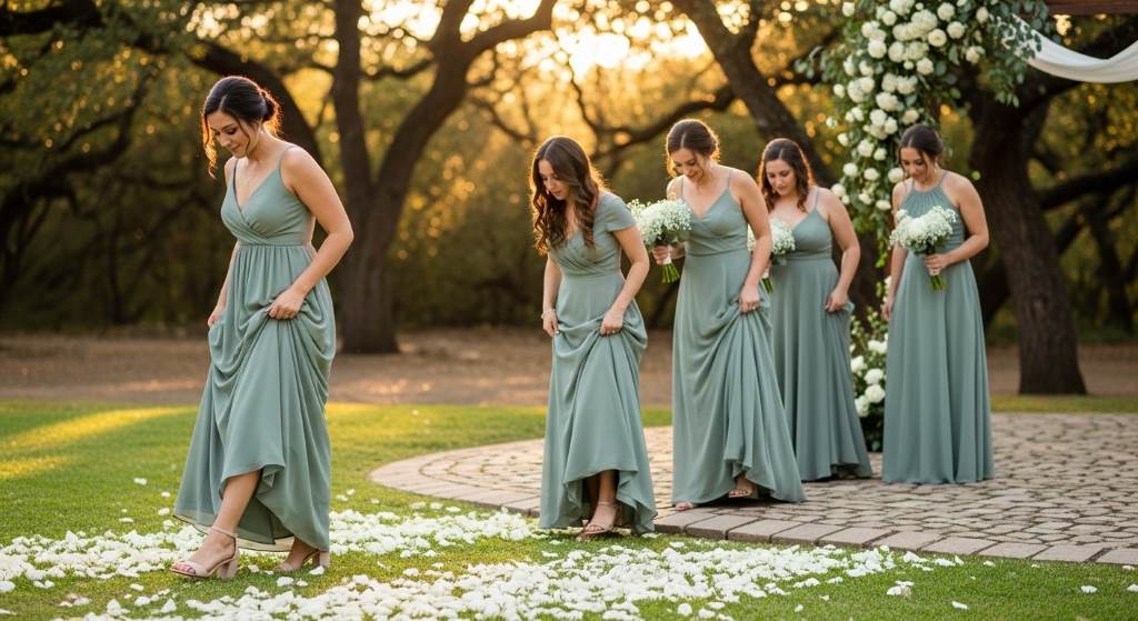 Outdoor Texas wedding with bridesmaids holding maxi dress hems