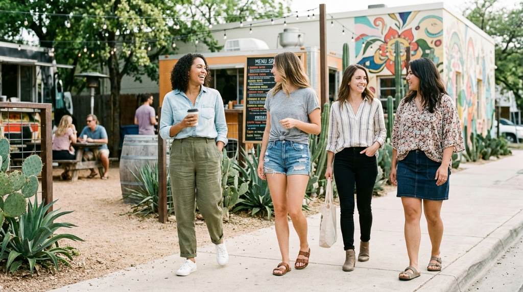 Relaxed front tuck fashion style with lightweight linen shirt in Austin summer weather