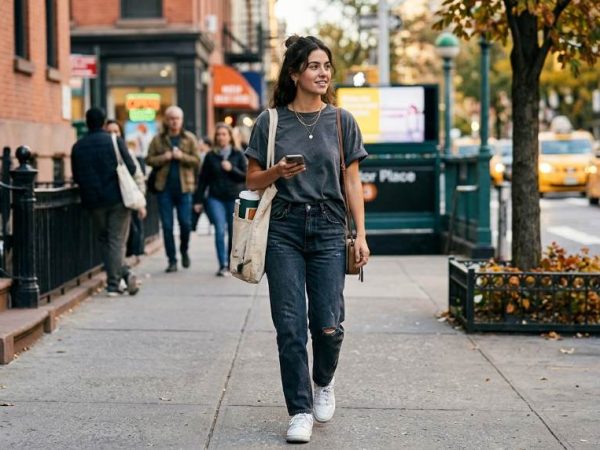 Stylish New Yorker wearing a relaxed oversized tucked tee outfit while walking in Manhattan during spring 2026