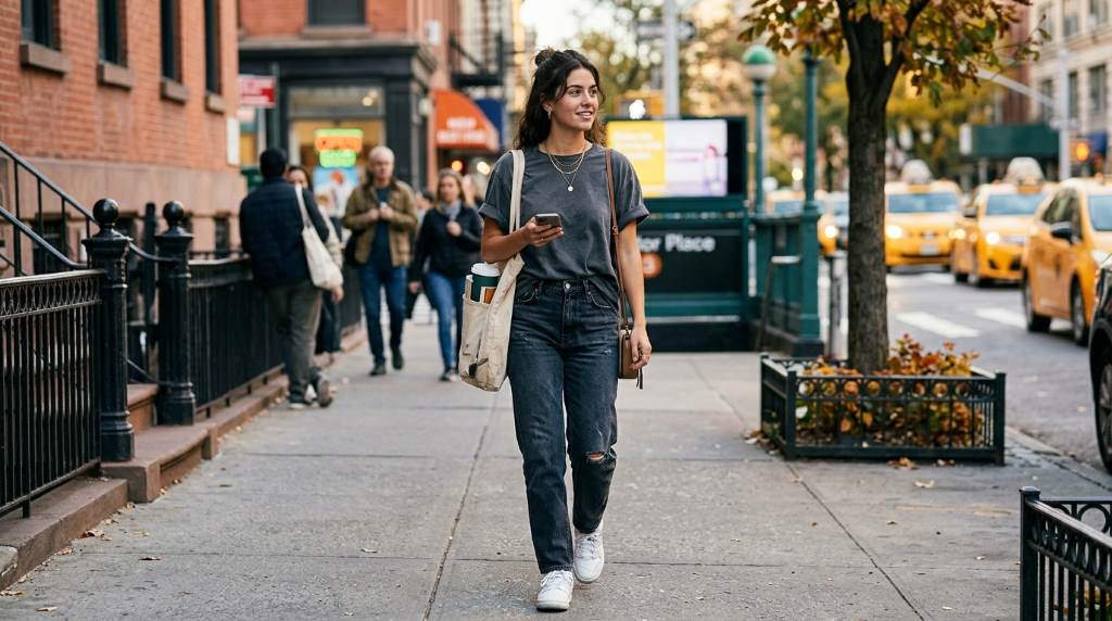 Stylish New Yorker wearing a relaxed oversized tucked tee outfit while walking in Manhattan during spring 2026
