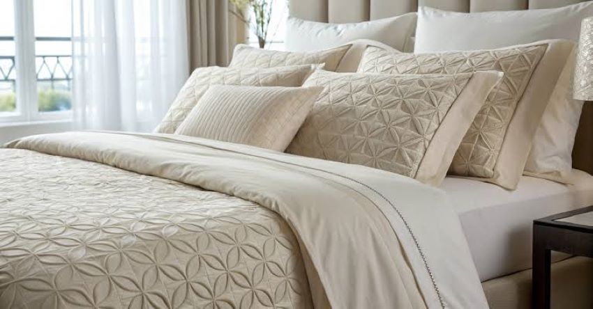Luxury hotel-style bedding set arranged on a budget-friendly bedroom bed