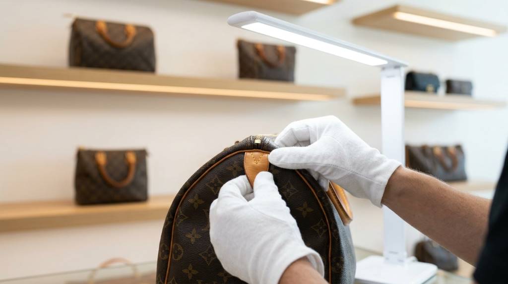 Luxury purse craftsmanship details showing authentic stitching and materials