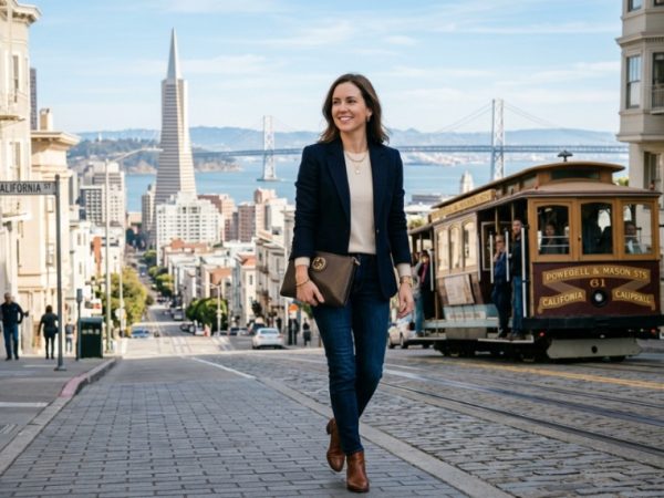 Woman holding luxury leather clutch bag with Golden Gate Bridge background.