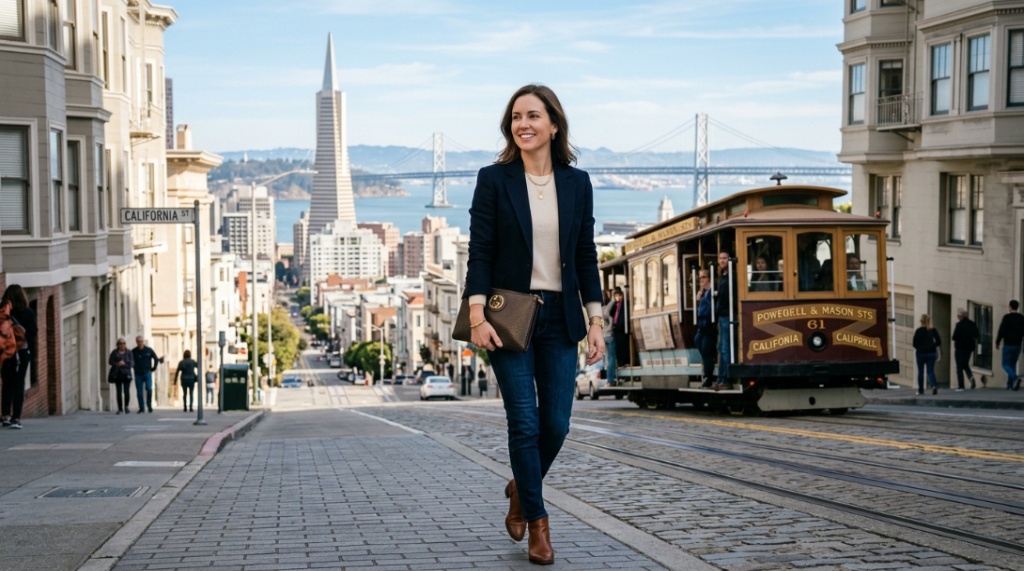 Woman holding luxury leather clutch bag with Golden Gate Bridge background.