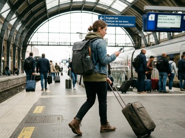 Traveler wearing gray backpack walks through modern airport terminal holding boarding pass.