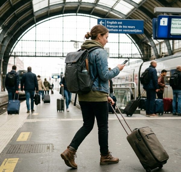Traveler wearing gray backpack walks through modern airport terminal holding boarding pass.