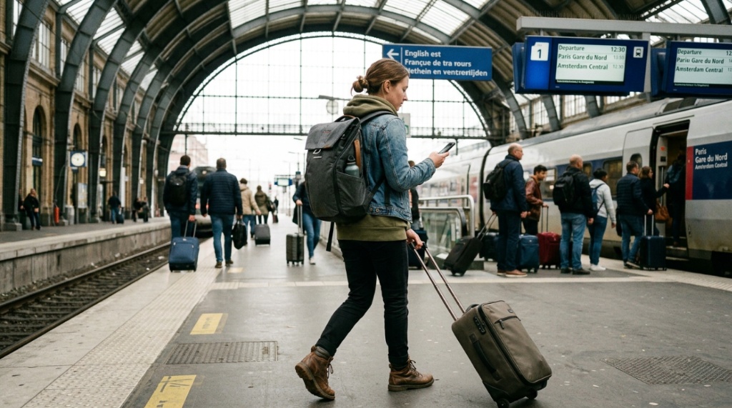 Traveler wearing gray backpack walks through modern airport terminal holding boarding pass.