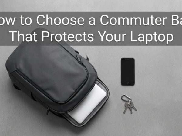 A waterproof commuter backpack with a laptop sliding into the padded pocket.