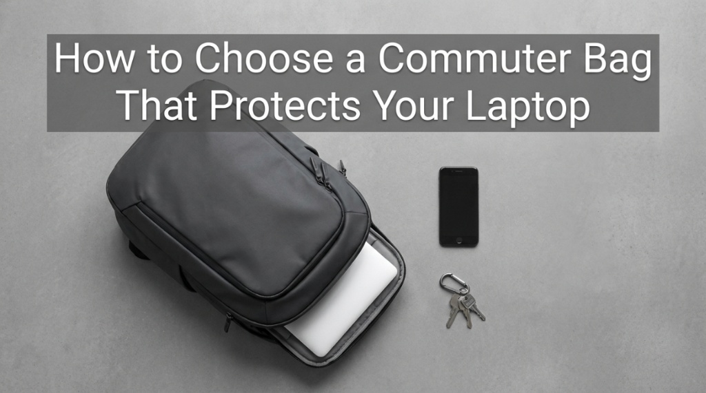 A waterproof commuter backpack with a laptop sliding into the padded pocket.