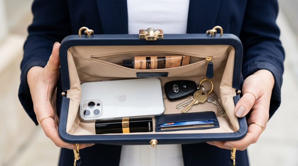 Open handmade clutch bag showing card slots and smartphone fitting inside.