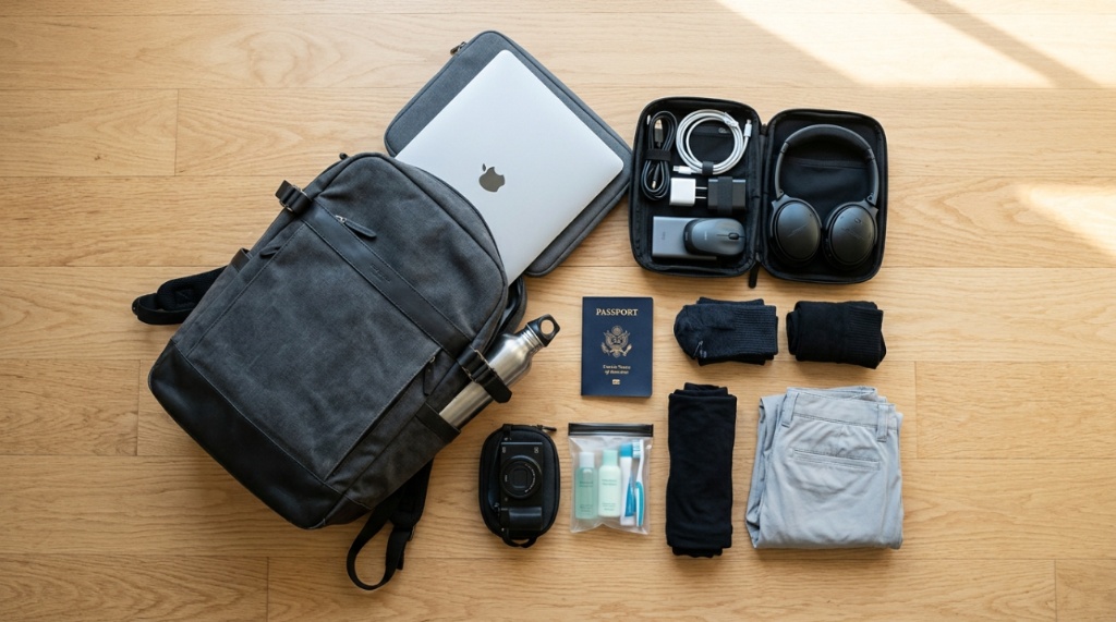 Flat lay view of open backpack surrounded by laptop camera passport and tech gear.