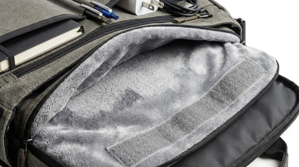 Close-up of a thick padded internal sleeve protecting a laptop inside a bag