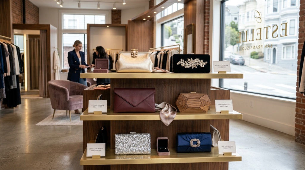 Designer clutch bags arranged neatly on shelves inside San Francisco luxury boutique.