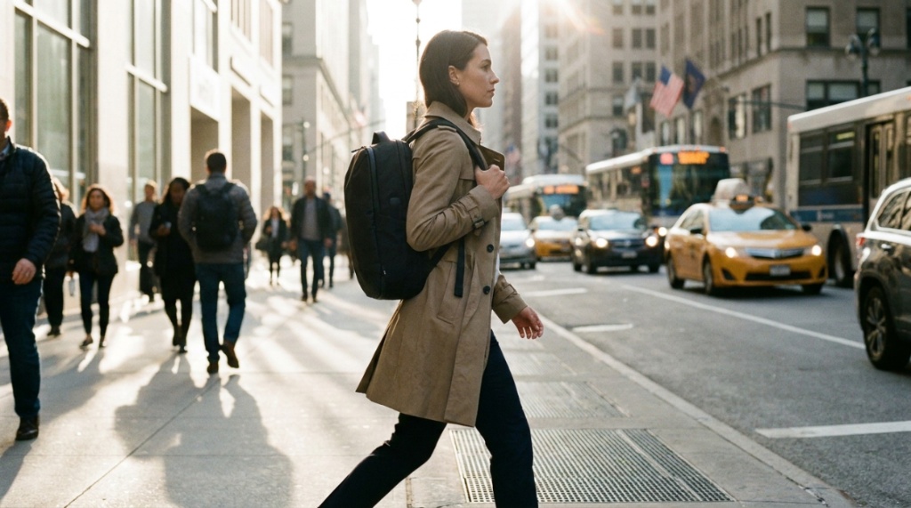 A professional wearing a water-resistant commuter backpack while walking through the city.
