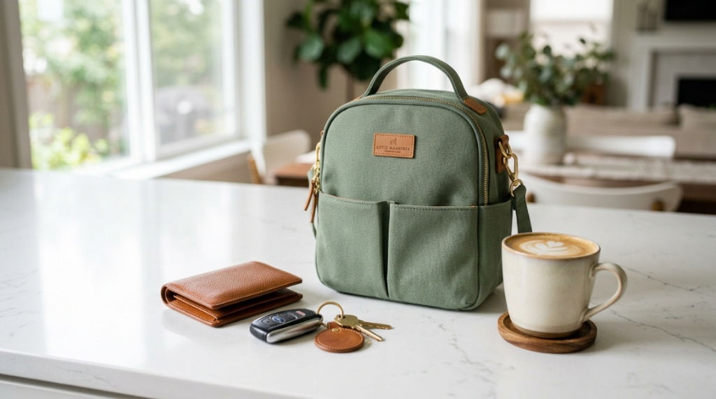 Mother wearing a mini diaper bag shopping with her toddler