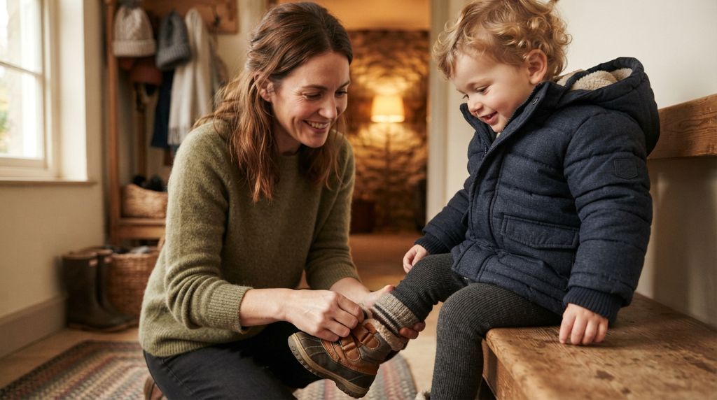 Parent dressing a toddler in comfortable cold-weather clothing