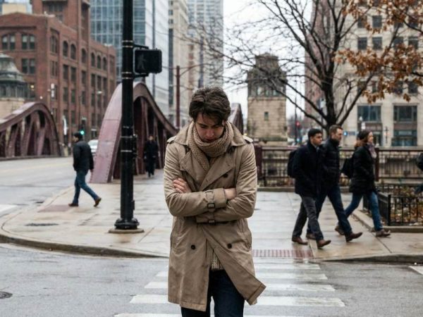 Pedestrian battling lake wind on Michigan Avenue wearing structured wool coat and scarf