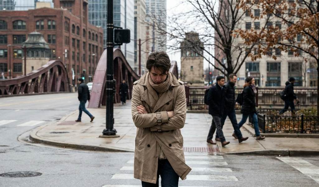 Pedestrian battling lake wind on Michigan Avenue wearing structured wool coat and scarf