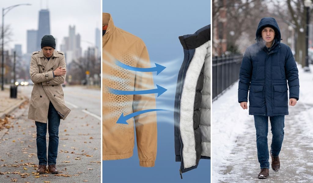 Slim packable down vest worn neatly under tailored men's formal overcoat