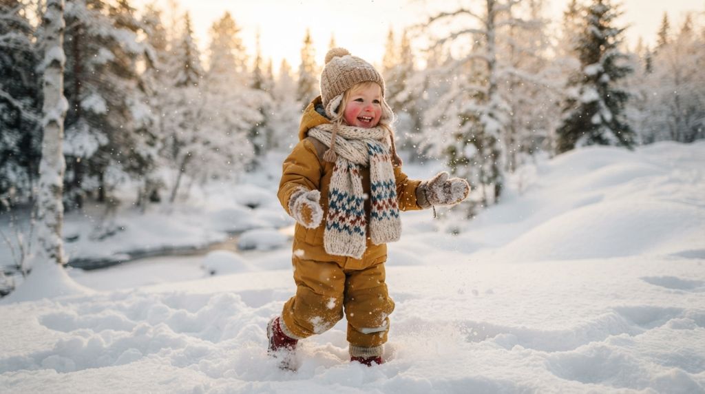 Toddler dressed in warm winter layers outdoors