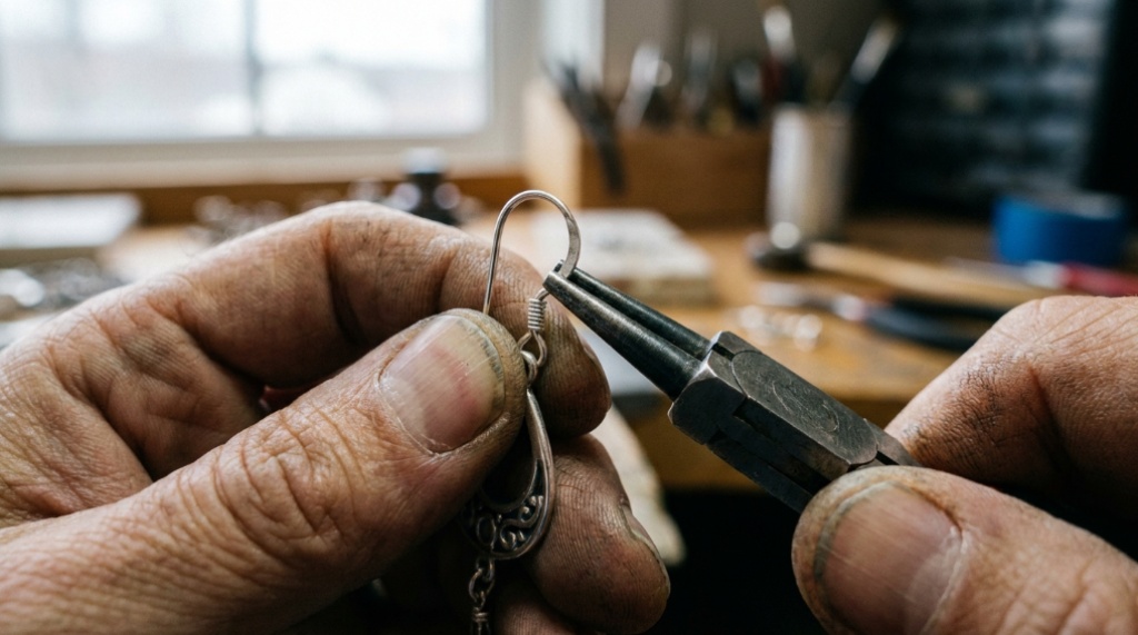 Hands using pliers to attach a jump ring to an earring hook.